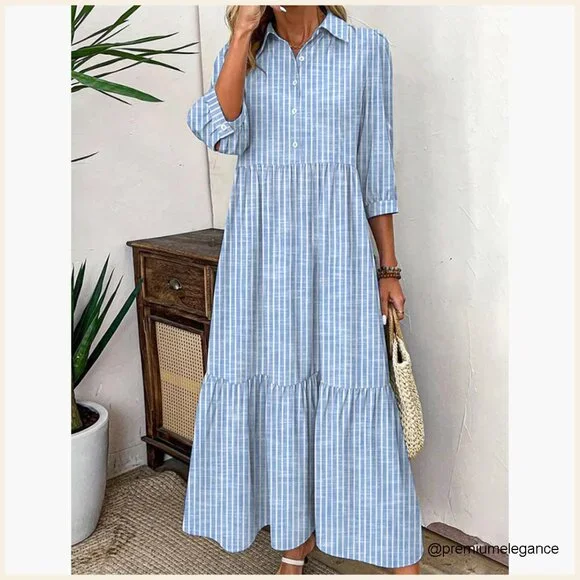 Maxi Dress with Pockets, 3/4 Sleeve, Loose Fit, Tiered Skirt, V-Neck - Picture 7 of 7